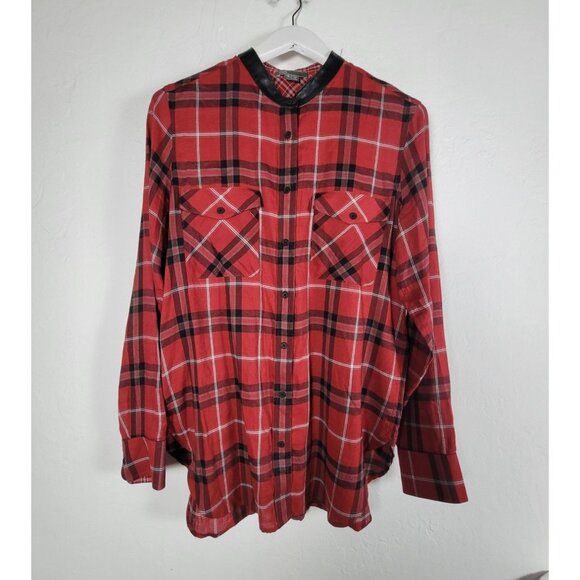 Vince Womens Red Plaid Long Sleeve Button-Up Shirt Size 12 Black Leather Trim - Picture 1 of 8